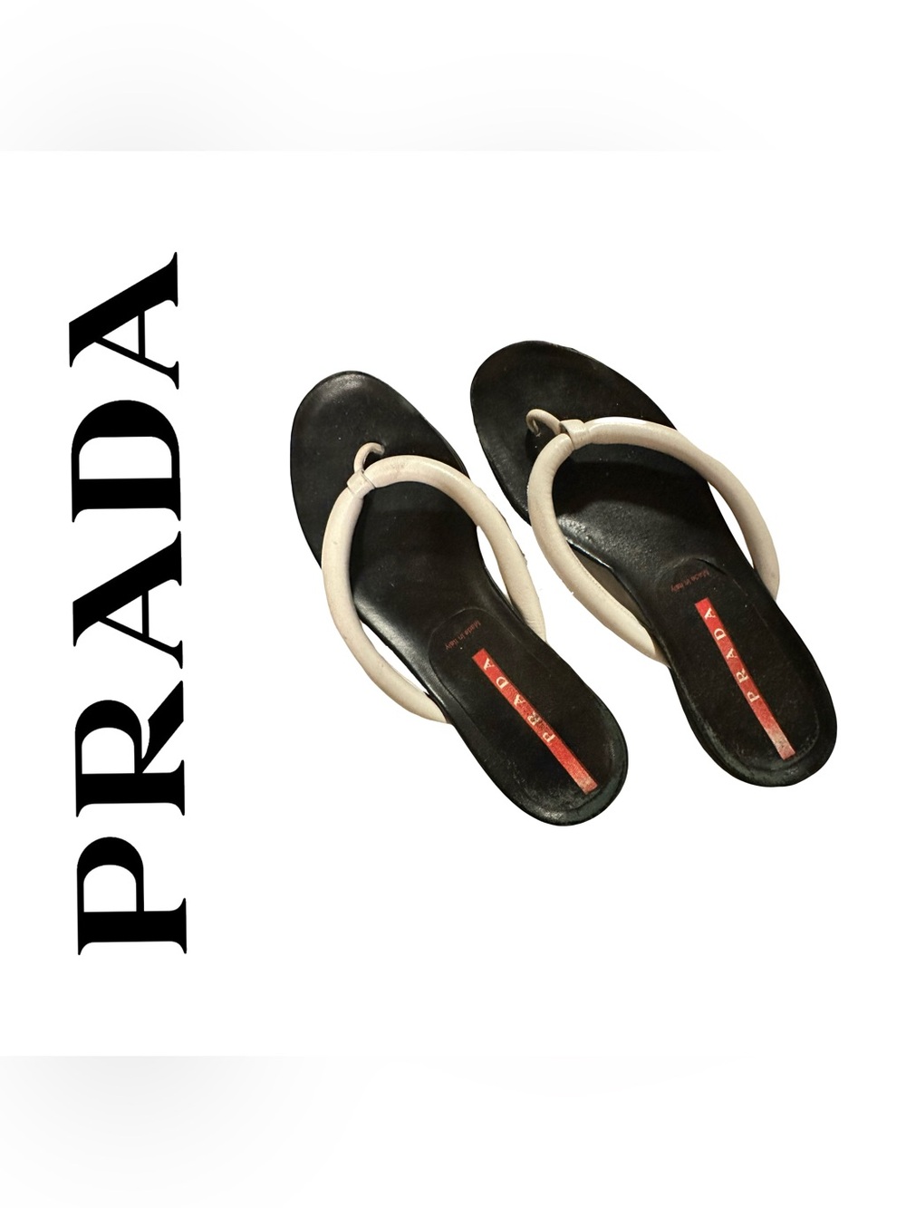 Prada Black Footbed Sandals with Cream Tubular Straps flip flops Sz 8